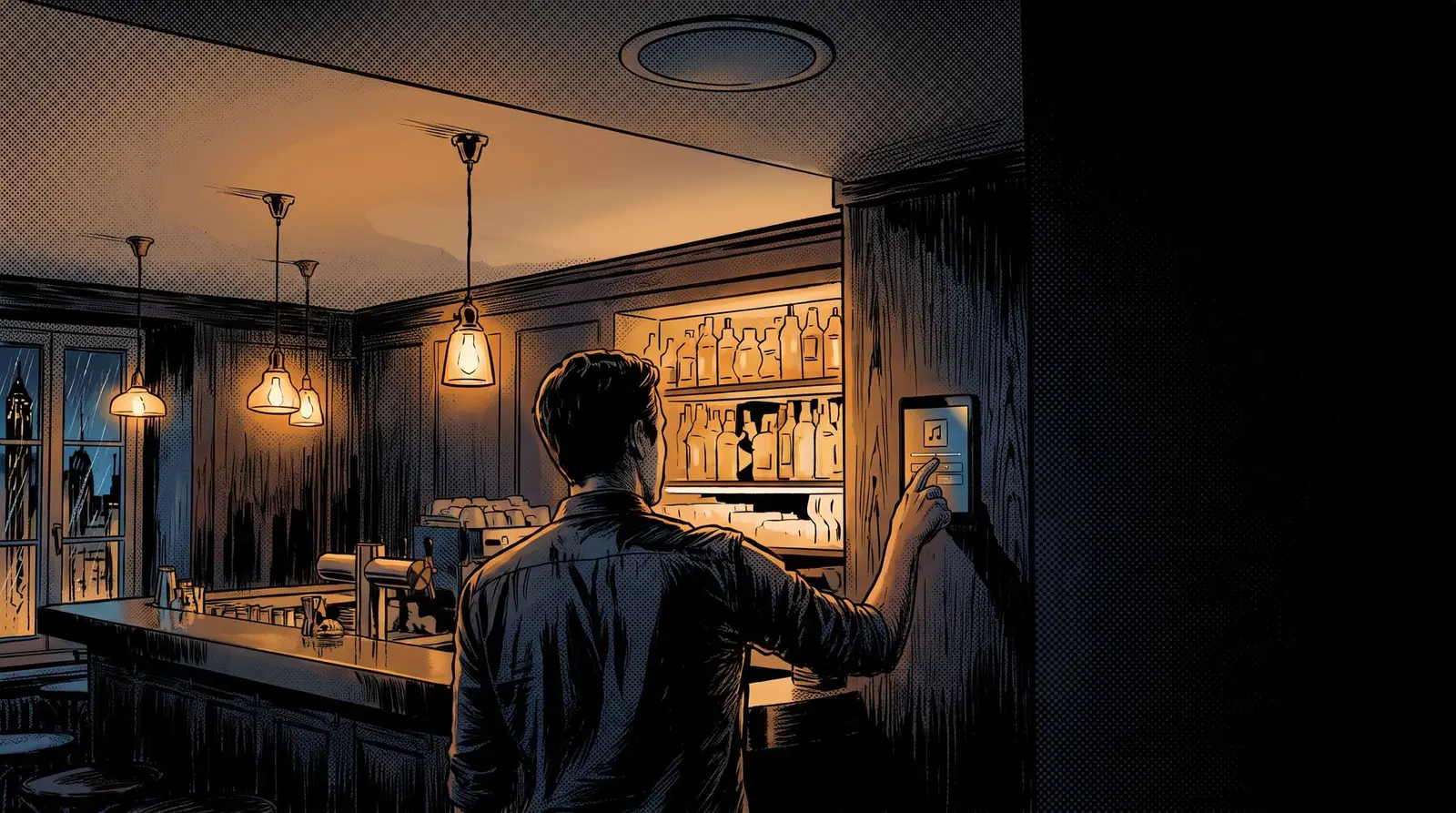 Barkeeper steuert die Musik der Bar über ein Touchpanel an der Wand