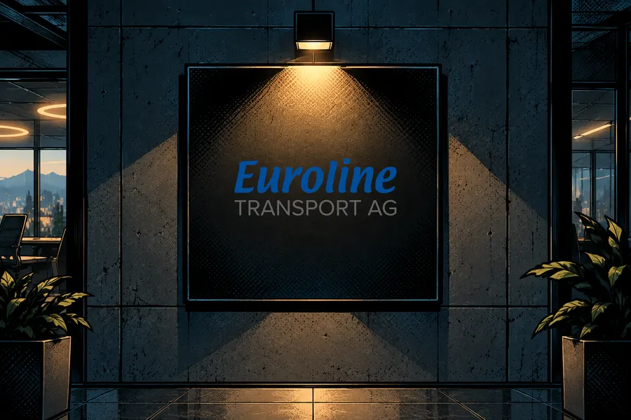 Logo von Euroline Transport AG, angestrahlt an einer Betonwand