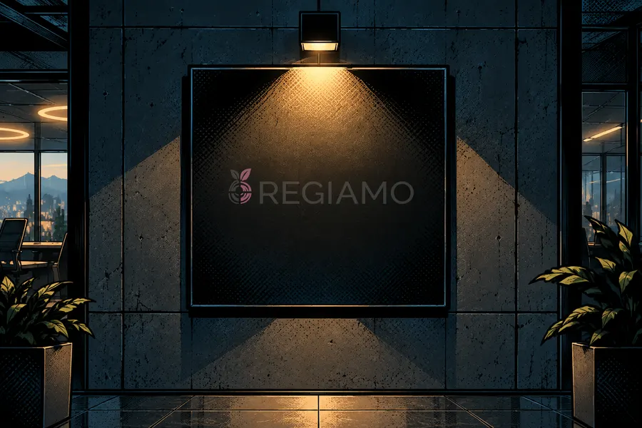 Logo von Regiamo, angestrahlt an einer Betonwand