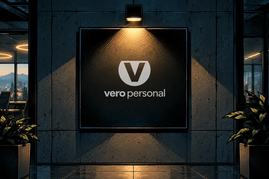 Logo von vero personal, angestrahlt an einer Betonwand